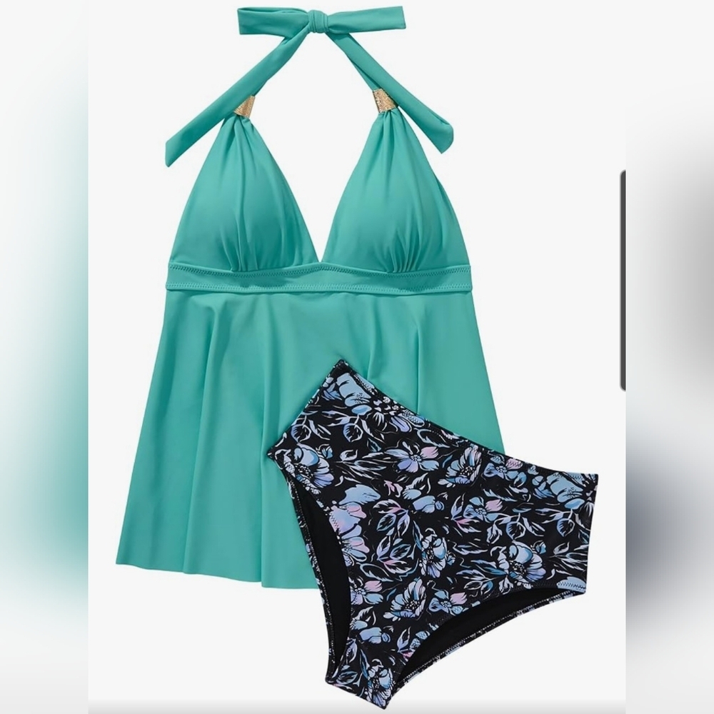 Chic Teal Halter Tankini with Floral Bottoms Size XL